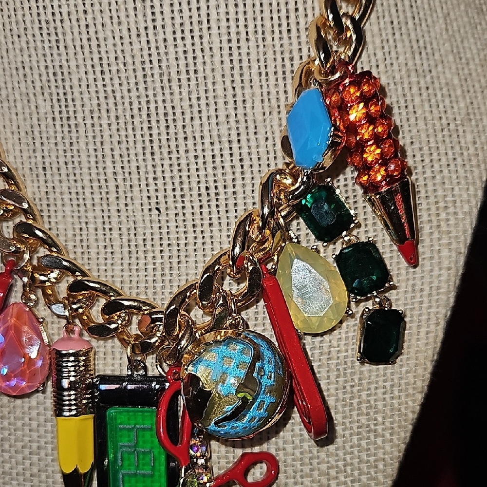 Red and Gold Statement Necklace with Charms - Picture 5 of 7
